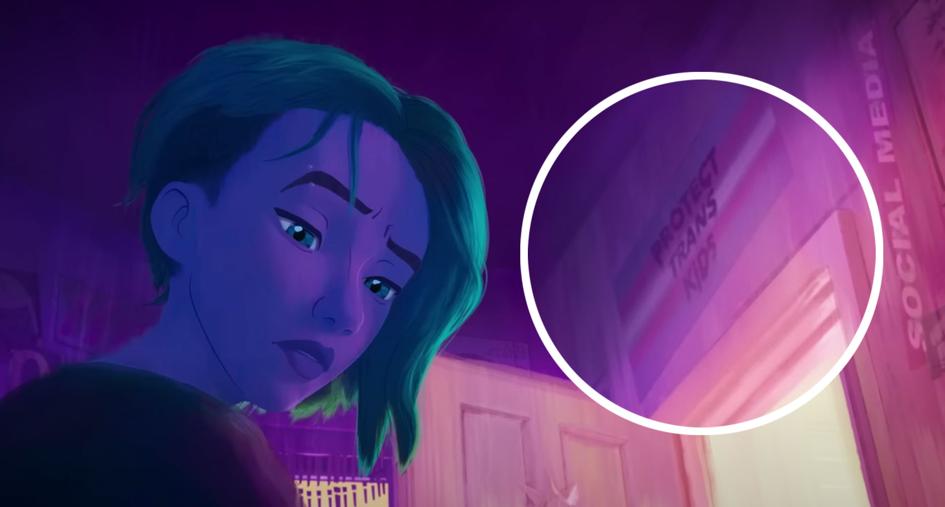 Across the Spider-Verse includes a 'Protect Trans Kids' poster